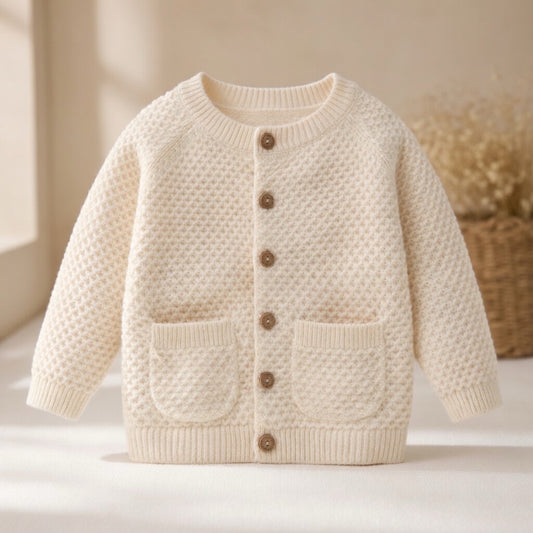 Neutral cream baby cardigan organic cotton knit
Minimalist baby cardigan soft cotton knit
Organic knit baby cardigan neutral baby clothing