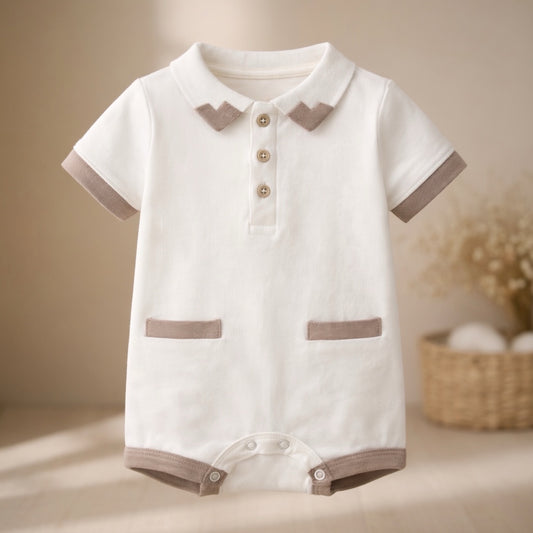 Organic cotton baby romper in neutral beige minimalist baby clothing