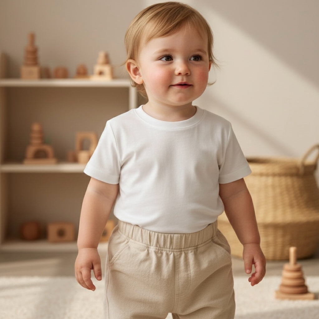 Baby wearing a minimalist organic cotton baby t-shirt in a neutral tone, sitting and playing in a soft natural light nursery, simple breathable cotton clothing designed for everyday baby comfort and movement.
