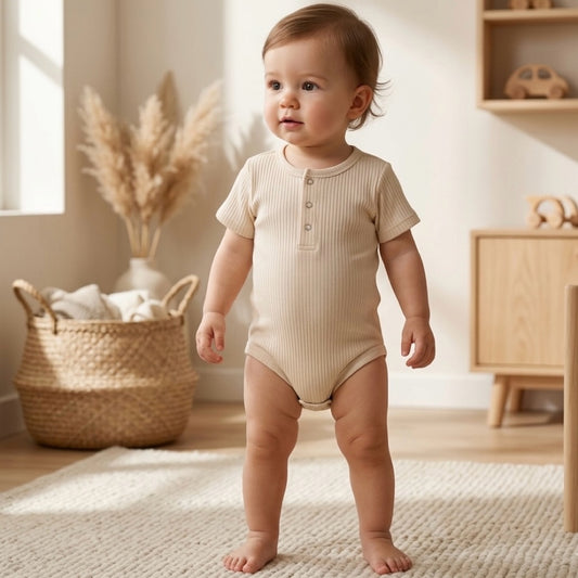 Baby wearing beige ribbed organic cotton bodysuit