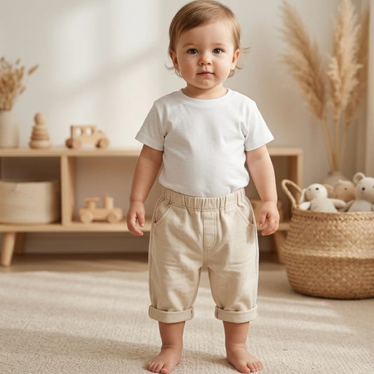 organic cotton baby bodysuit and beige baby shorts minimalist baby outfit