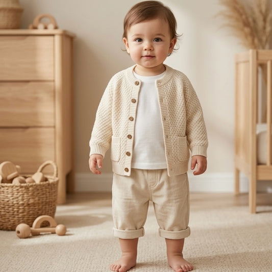 Organic cotton baby cardigan in neutral cream minimalist baby clothing