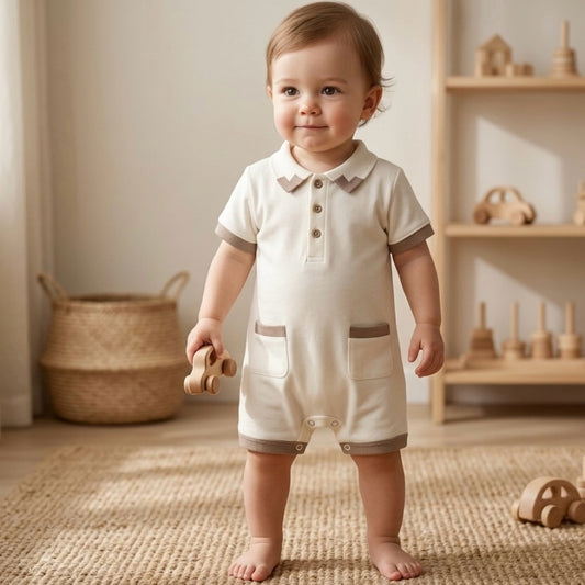 Organic Cotton Baby Romper sand beige minimalist baby clothing Lunara Casa