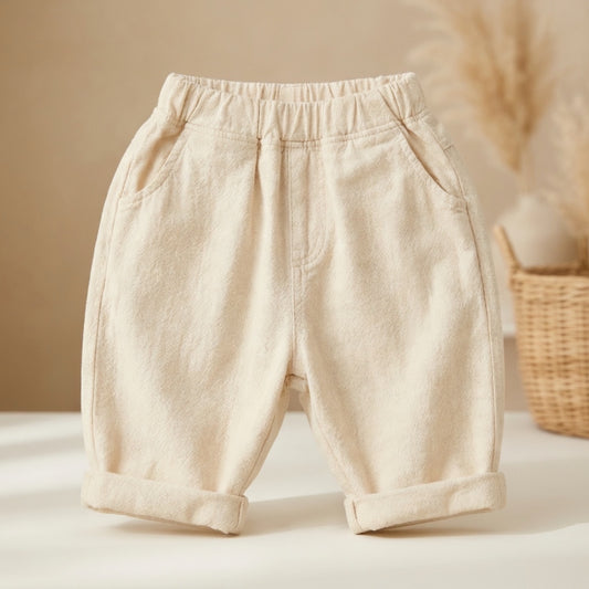 Organic cotton baby shorts in neutral beige minimalist baby clothing