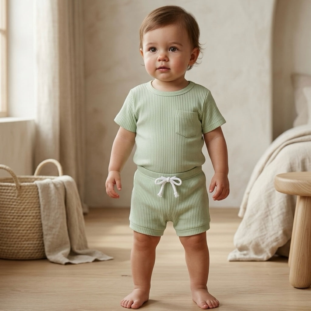 Toddler wearing ivory ribbed cotton baby set with sleeveless top and shorts, minimalist neutral baby outfit, soft breathable fabric for everyday comfort