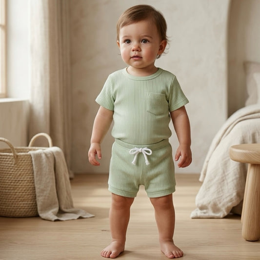 Toddler wearing ivory ribbed cotton baby set with sleeveless top and shorts, minimalist neutral baby outfit, soft breathable fabric for everyday comfort