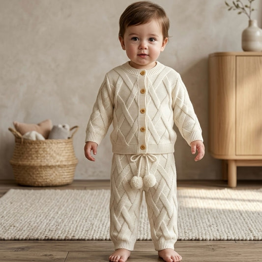 Toddler wearing ivory soft knit baby set with cardigan and pants, minimalist neutral baby outfit, soft breathable cotton knit for everyday comfort