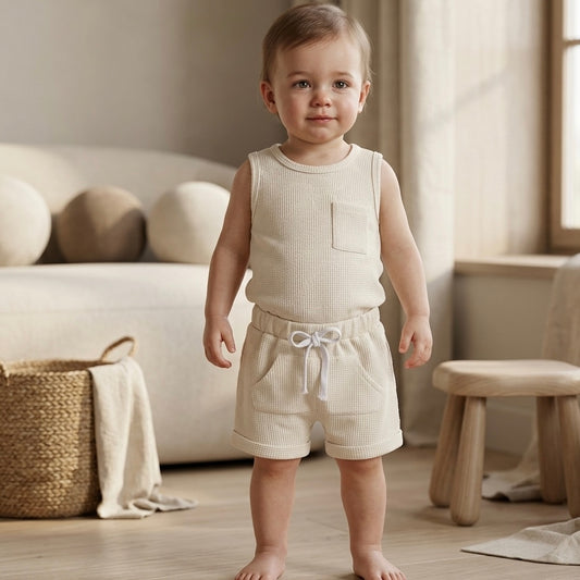 Toddler wearing ivory apricot waffle cotton baby set with sleeveless top and shorts, minimalist neutral baby outfit, soft breathable fabric for summer comfort